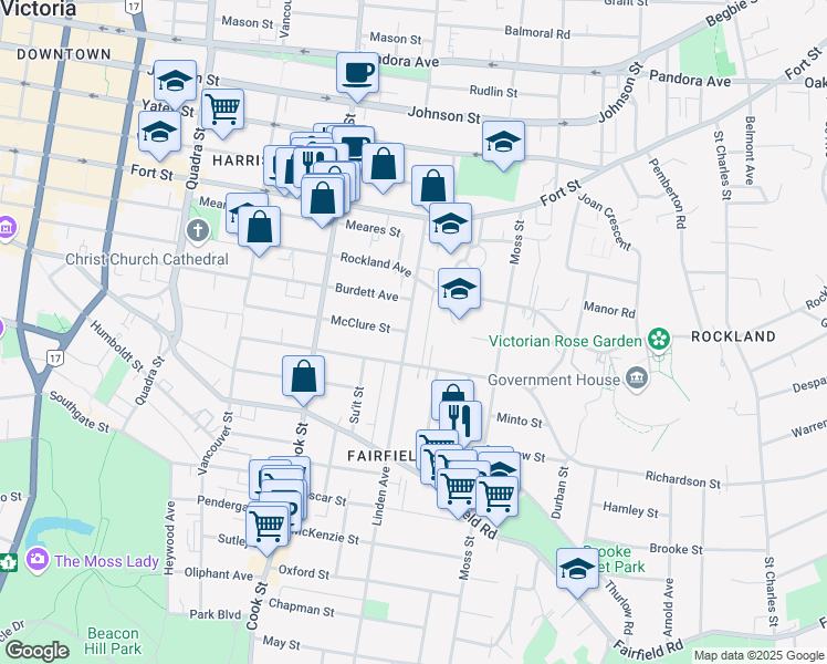 map of restaurants, bars, coffee shops, grocery stores, and more near 727 Linden Avenue in Victoria