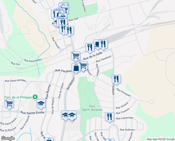 map of restaurants, bars, coffee shops, grocery stores, and more near 2811 Rue Hocquart in Saguenay