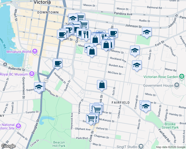 map of restaurants, bars, coffee shops, grocery stores, and more near 1016 Richardson Street in Victoria