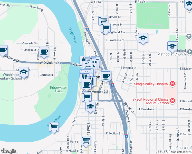 map of restaurants, bars, coffee shops, grocery stores, and more near in Mount Vernon