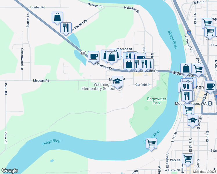 map of restaurants, bars, coffee shops, grocery stores, and more near 305 McCormick Lane in Mount Vernon