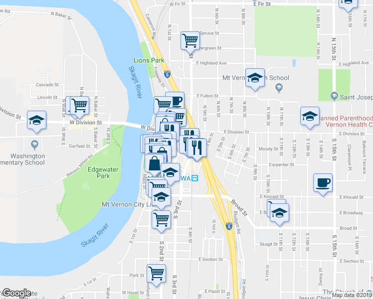 map of restaurants, bars, coffee shops, grocery stores, and more near 319 South 3rd Street in Mount Vernon