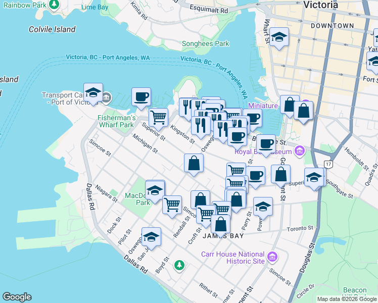 map of restaurants, bars, coffee shops, grocery stores, and more near 268 Superior Street in Victoria