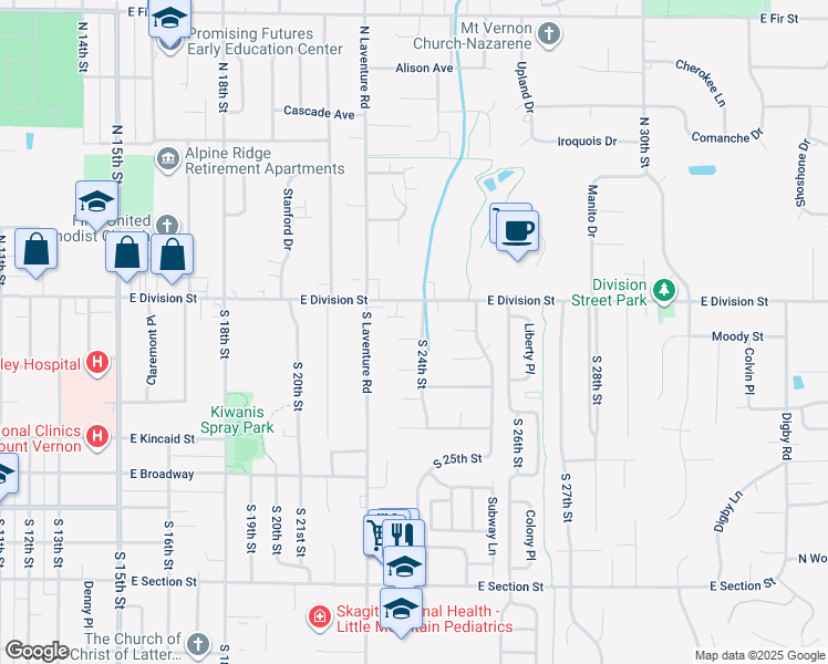map of restaurants, bars, coffee shops, grocery stores, and more near 2317 Moody Street in Mount Vernon