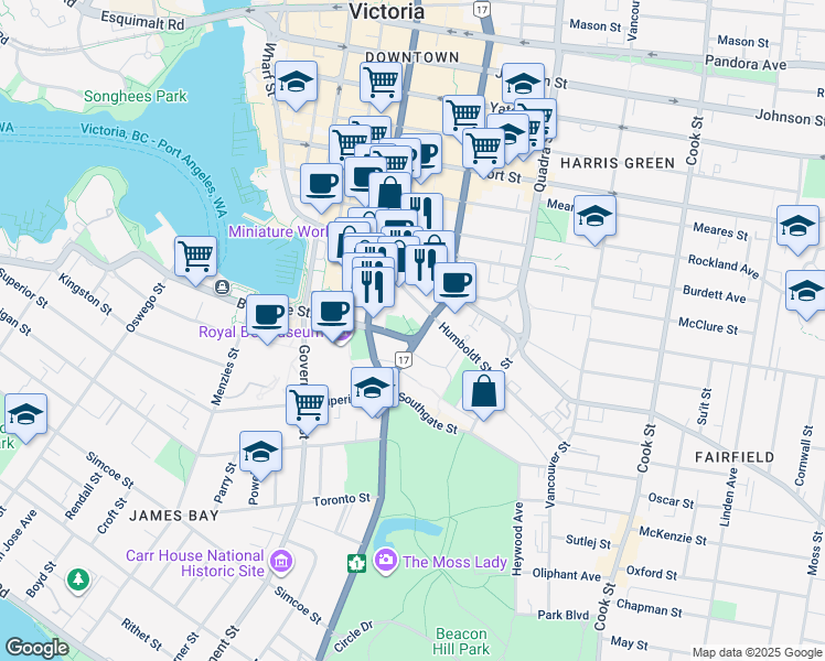 map of restaurants, bars, coffee shops, grocery stores, and more near 730 Belleville Street in Victoria