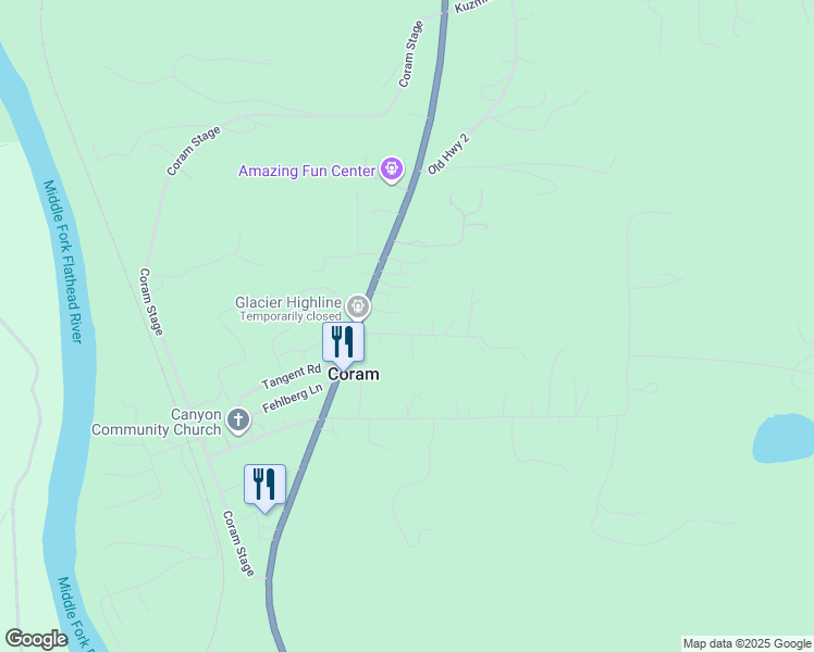 map of restaurants, bars, coffee shops, grocery stores, and more near Corbett Lane in Columbia Falls