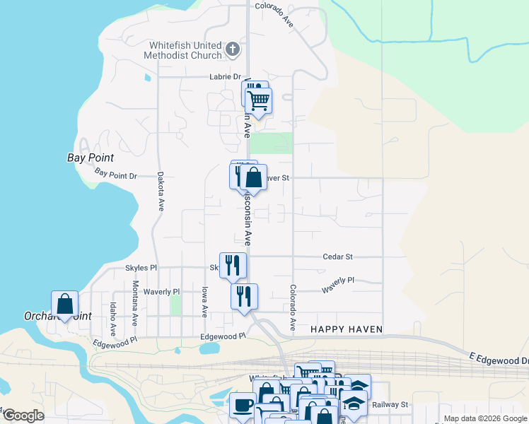 map of restaurants, bars, coffee shops, grocery stores, and more near 445 Wisconsin Avenue in Whitefish