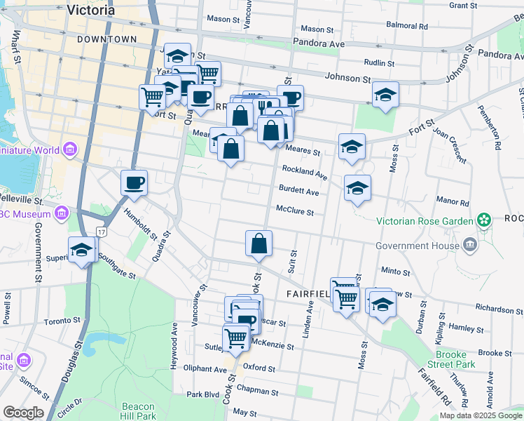 map of restaurants, bars, coffee shops, grocery stores, and more near 750 Cook Street in Victoria