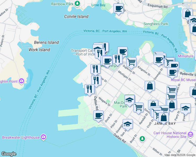 map of restaurants, bars, coffee shops, grocery stores, and more near 60 Dallas Road in Victoria