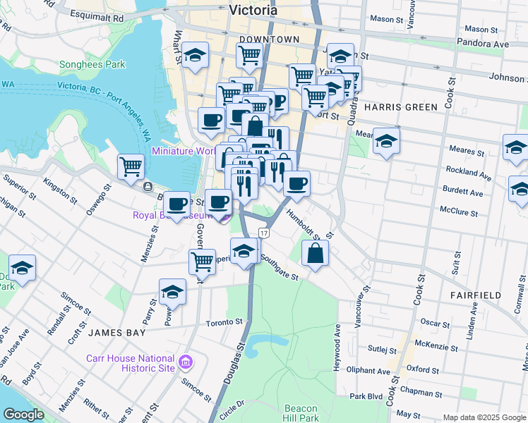 map of restaurants, bars, coffee shops, grocery stores, and more near 730 Belleville Street in Victoria