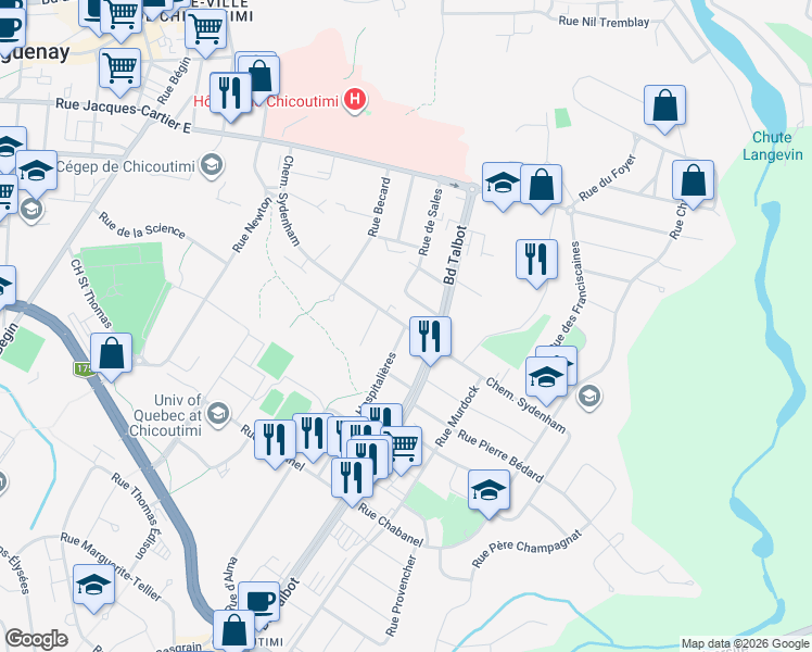 map of restaurants, bars, coffee shops, grocery stores, and more near Chemin Sydenham in Saguenay
