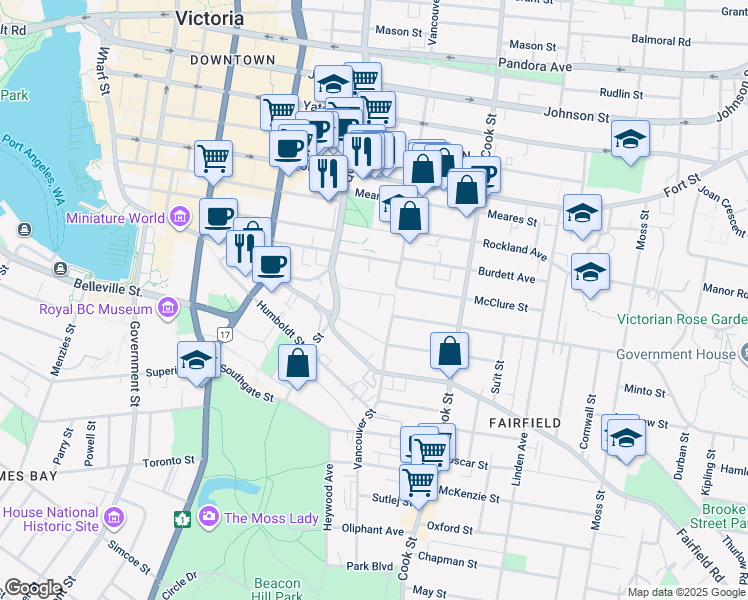 map of restaurants, bars, coffee shops, grocery stores, and more near in Victoria