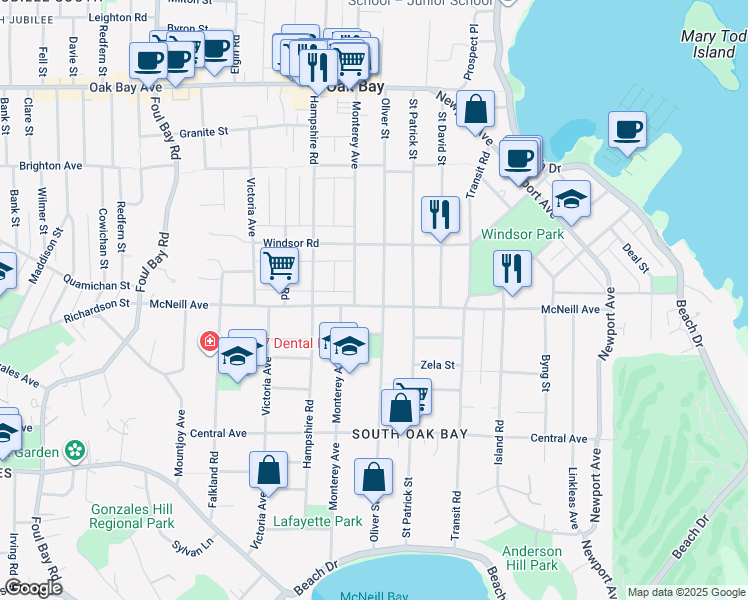 map of restaurants, bars, coffee shops, grocery stores, and more near 2280 McNeill Avenue in Victoria