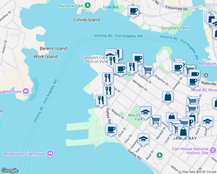 map of restaurants, bars, coffee shops, grocery stores, and more near 60 Dallas Road in Victoria