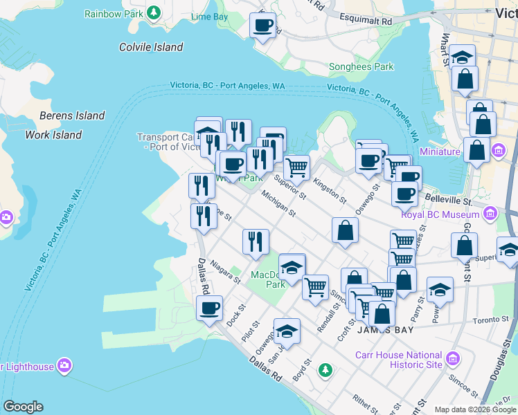 map of restaurants, bars, coffee shops, grocery stores, and more near 114 Ontario Street in Victoria