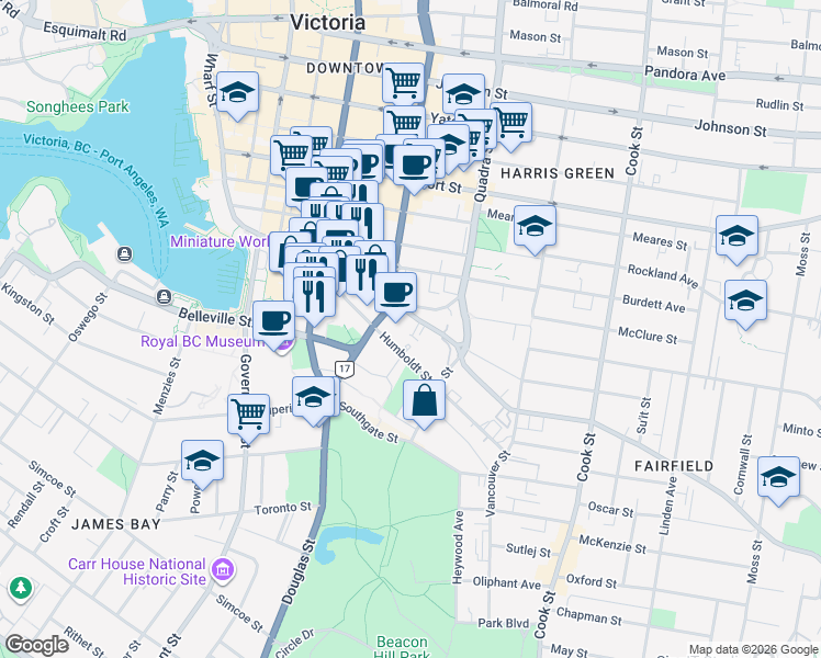 map of restaurants, bars, coffee shops, grocery stores, and more near 810 Humboldt Street in Victoria