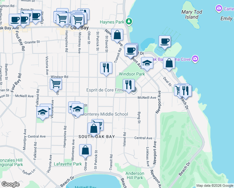 map of restaurants, bars, coffee shops, grocery stores, and more near 967 Transit Road in Victoria