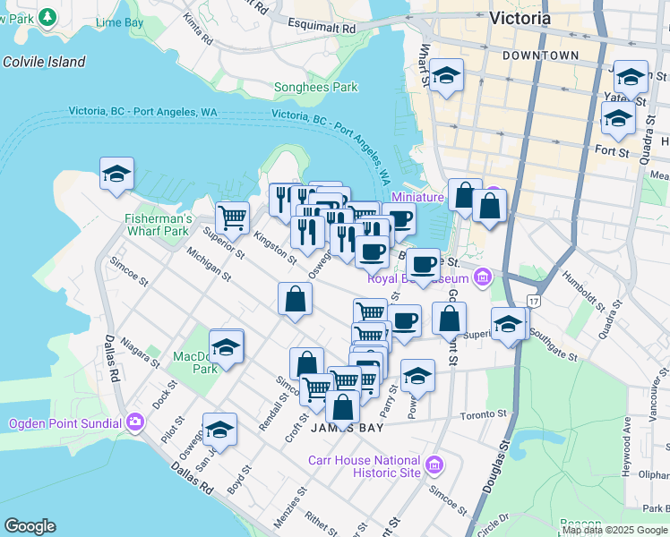 map of restaurants, bars, coffee shops, grocery stores, and more near 405 Quebec Street in Victoria