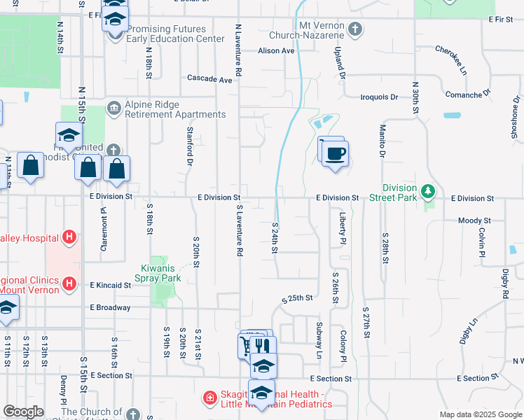 map of restaurants, bars, coffee shops, grocery stores, and more near 2317 Moody Street in Mount Vernon