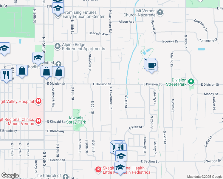 map of restaurants, bars, coffee shops, grocery stores, and more near 2301 Moody Street in Mount Vernon
