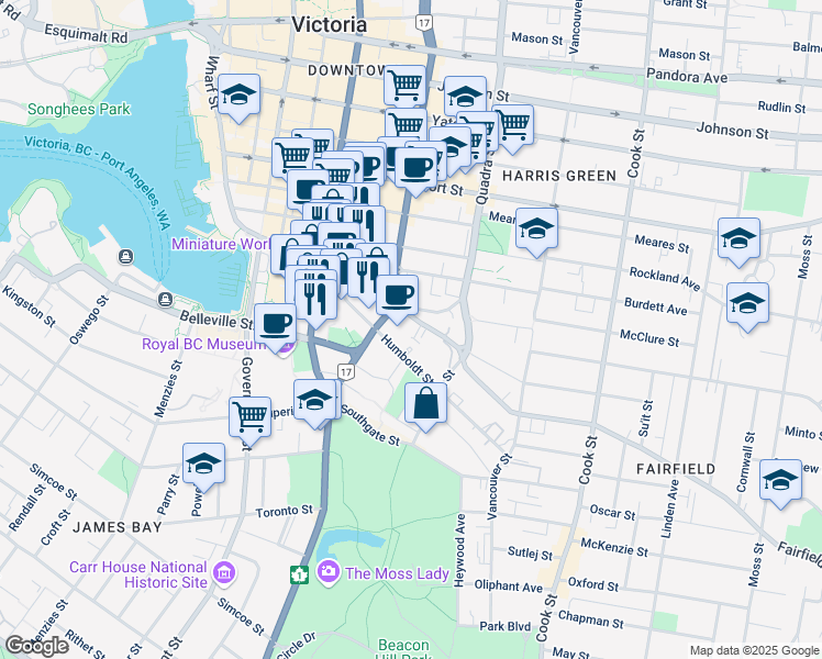 map of restaurants, bars, coffee shops, grocery stores, and more near 810 Humboldt Street in Victoria