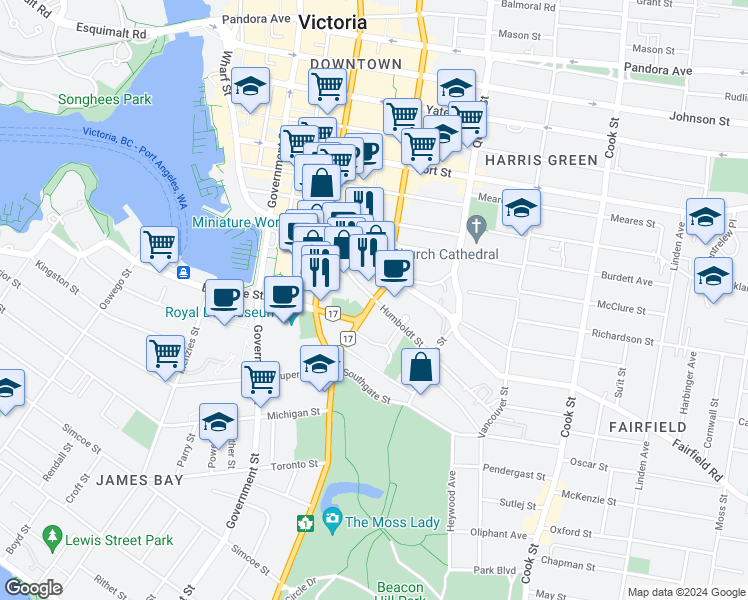 map of restaurants, bars, coffee shops, grocery stores, and more near Humboldt Street in Victoria