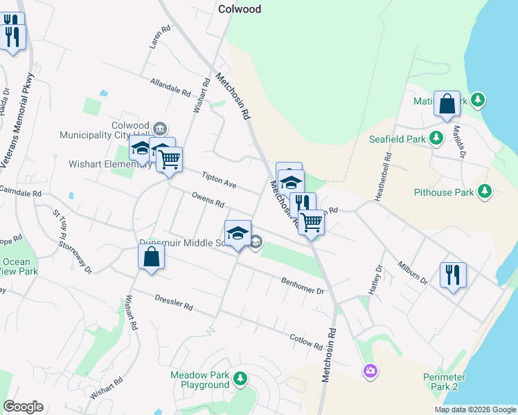 map of restaurants, bars, coffee shops, grocery stores, and more near 390 Farview Road in Victoria