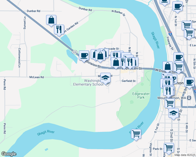 map of restaurants, bars, coffee shops, grocery stores, and more near 305 McCormick Lane in Mount Vernon