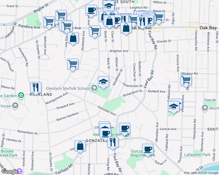 map of restaurants, bars, coffee shops, grocery stores, and more near 840 Maddison Street in Victoria