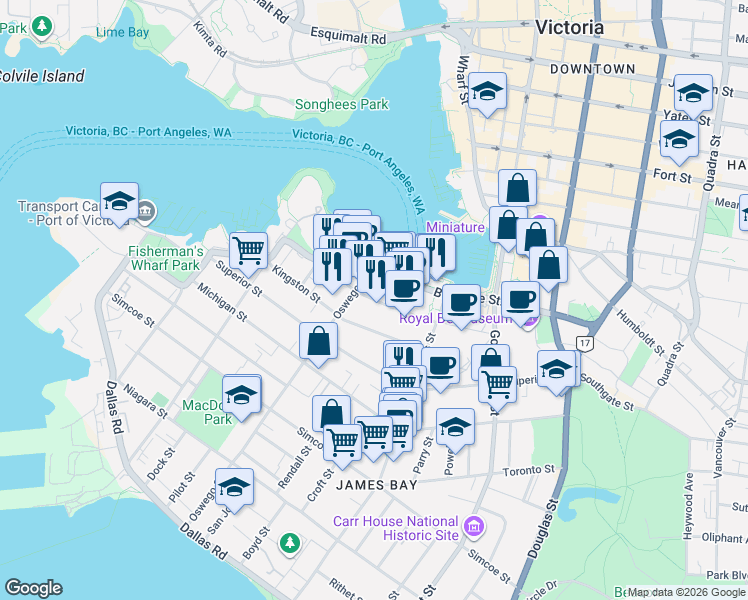 map of restaurants, bars, coffee shops, grocery stores, and more near 425 Quebec Street in Victoria