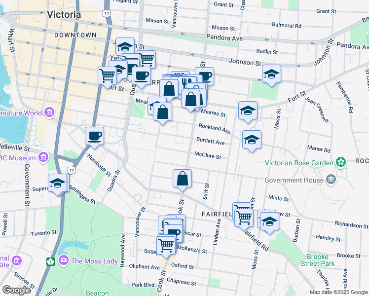 map of restaurants, bars, coffee shops, grocery stores, and more near 820 Cook Street in Victoria