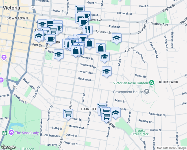 map of restaurants, bars, coffee shops, grocery stores, and more near 822 Linden Avenue in Victoria