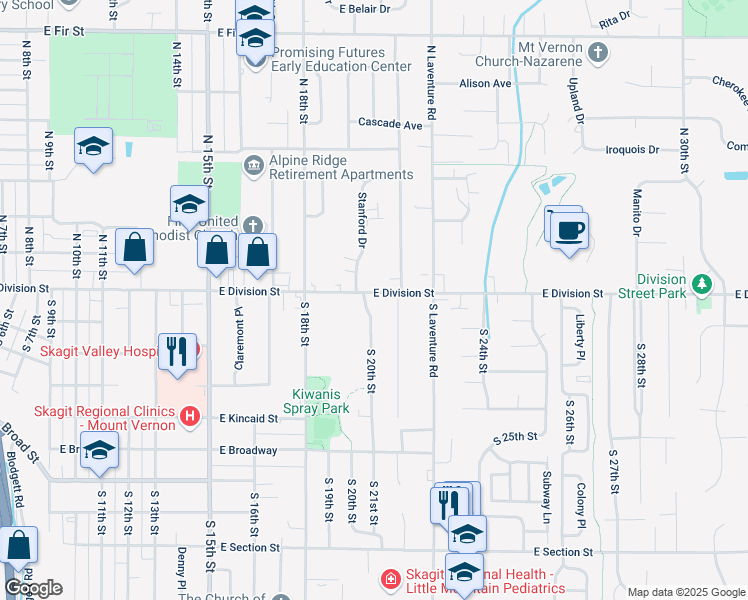 map of restaurants, bars, coffee shops, grocery stores, and more near 120 Stanford Drive in Mount Vernon