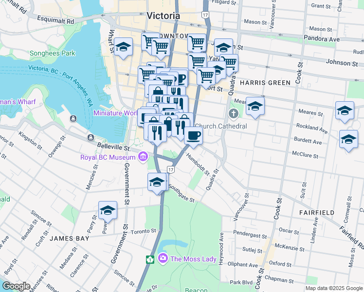 map of restaurants, bars, coffee shops, grocery stores, and more near in Victoria