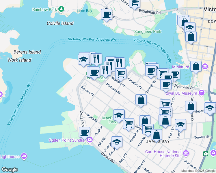 map of restaurants, bars, coffee shops, grocery stores, and more near 119 Michigan Street in Victoria