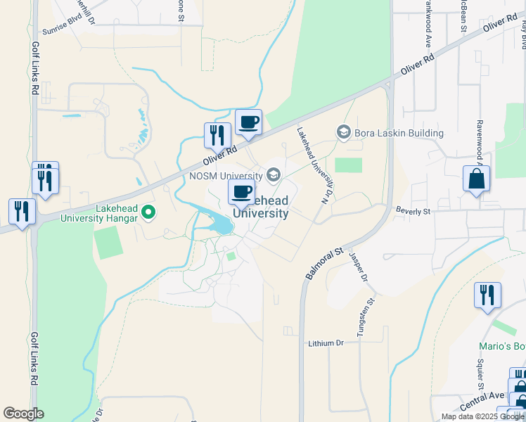 map of restaurants, bars, coffee shops, grocery stores, and more near 955 Oliver Road in Thunder Bay