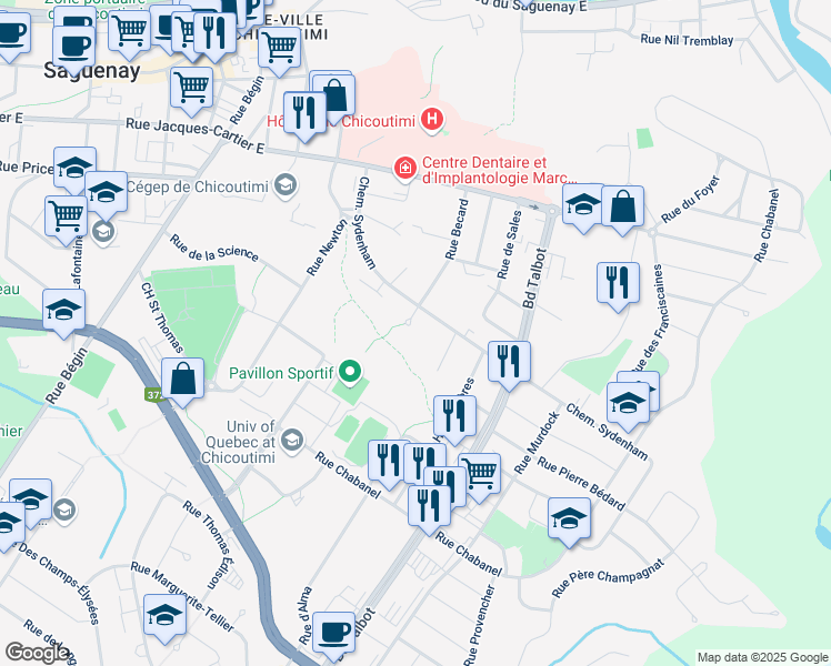 map of restaurants, bars, coffee shops, grocery stores, and more near 586 Rue Becard in Saguenay
