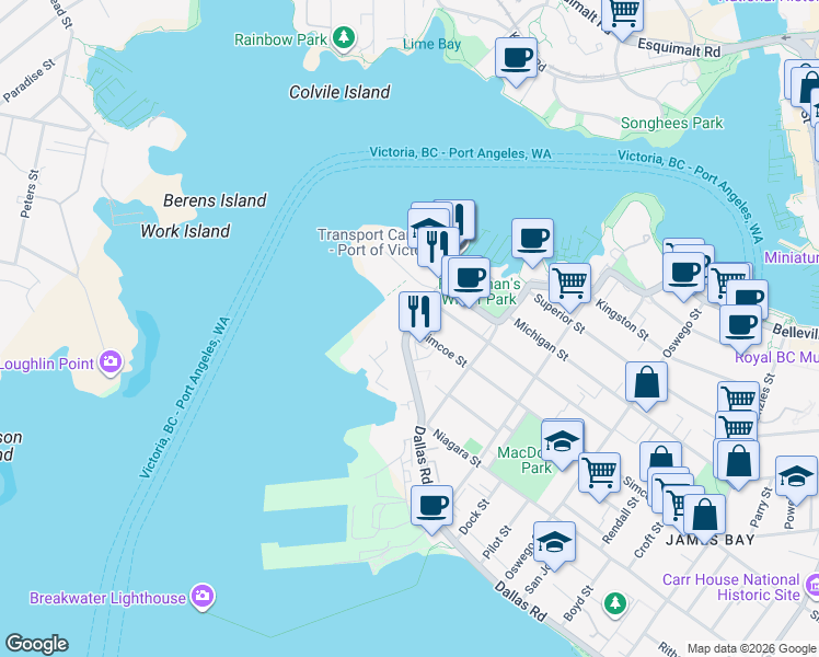map of restaurants, bars, coffee shops, grocery stores, and more near 50 Dallas Road in Victoria