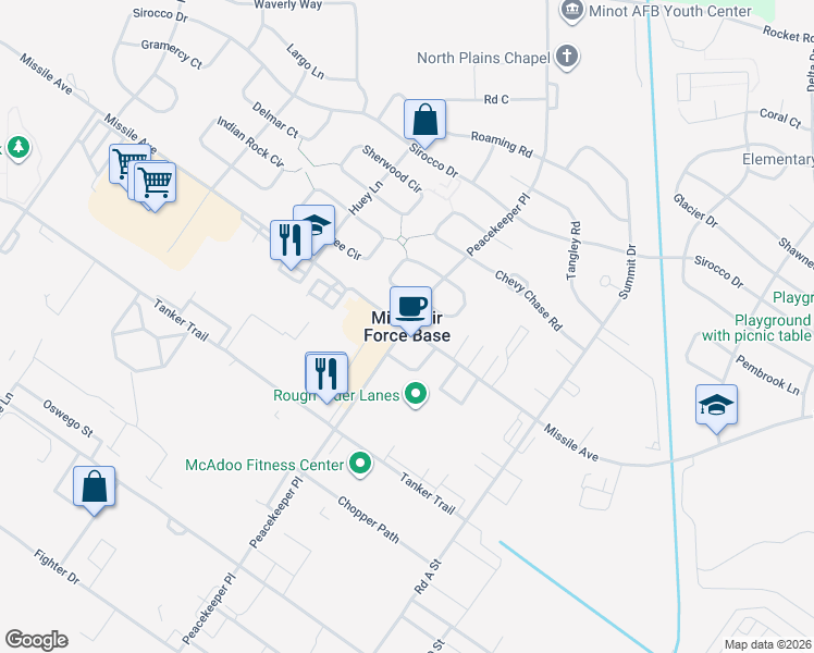 map of restaurants, bars, coffee shops, grocery stores, and more near in Minot Air Force Base