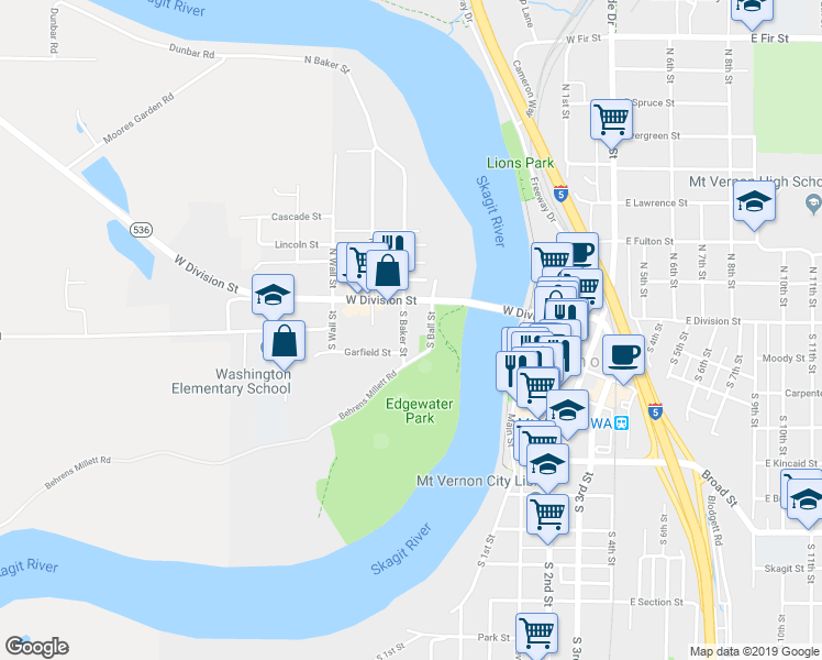 map of restaurants, bars, coffee shops, grocery stores, and more near 620 West Division Street in Mount Vernon