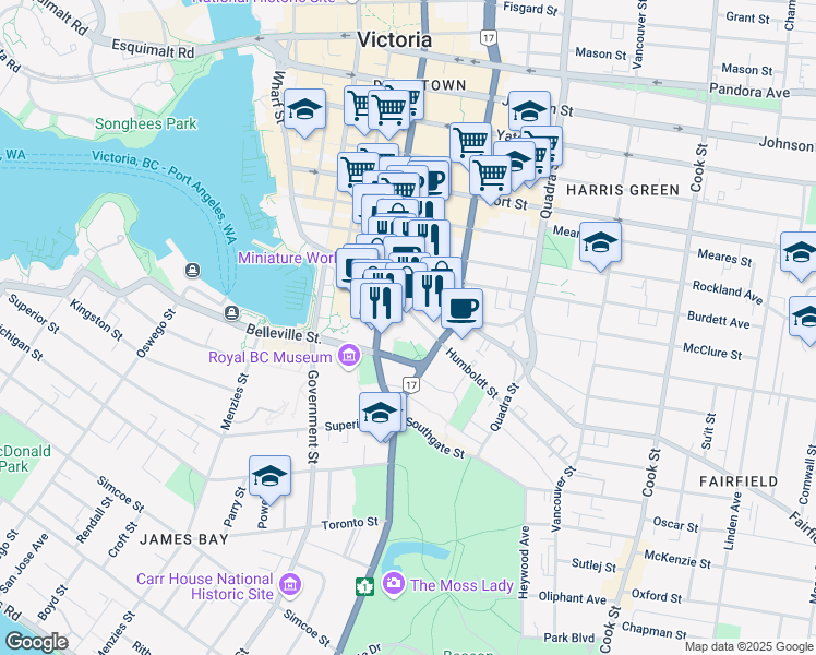 map of restaurants, bars, coffee shops, grocery stores, and more near 737 Humboldt Street in Victoria