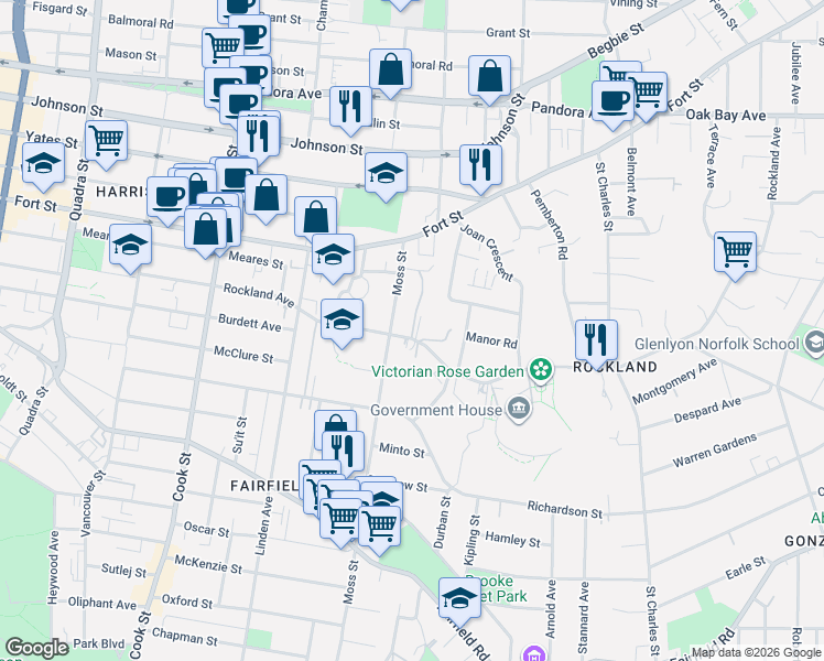 map of restaurants, bars, coffee shops, grocery stores, and more near 1016 Gillespie Place in Victoria