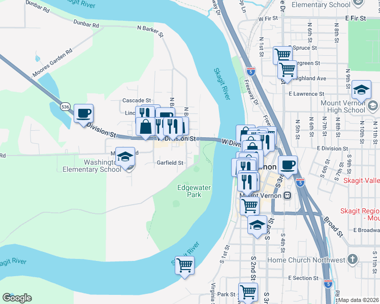 map of restaurants, bars, coffee shops, grocery stores, and more near 122 South Baker Street in Mount Vernon