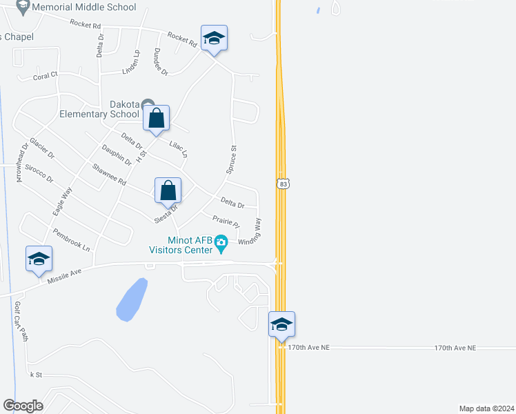 map of restaurants, bars, coffee shops, grocery stores, and more near 123 Winding Way in Minot Air Force Base