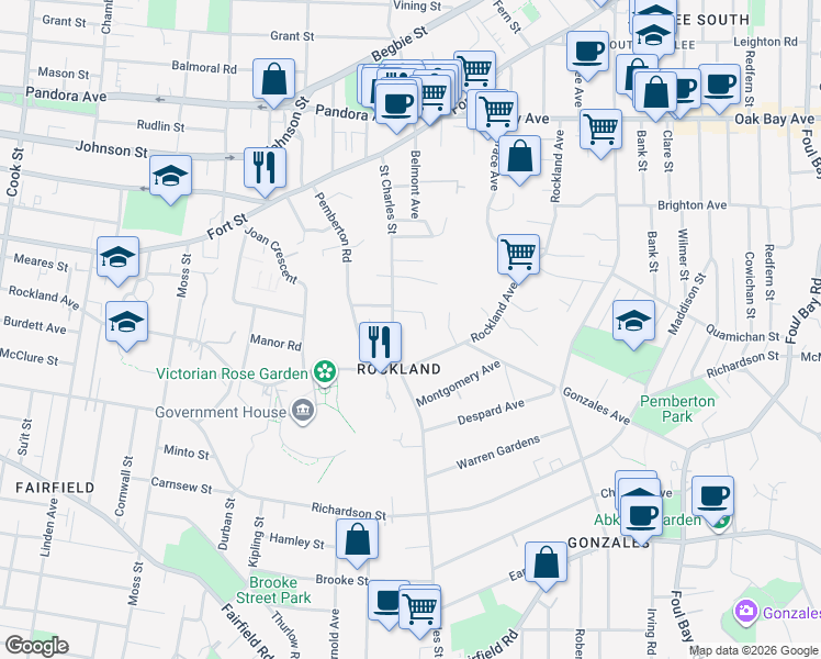 map of restaurants, bars, coffee shops, grocery stores, and more near 811 Saint Charles Street in Victoria