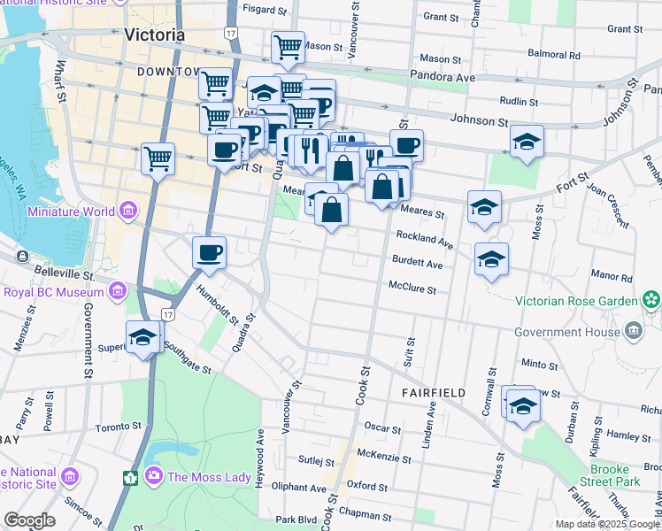 map of restaurants, bars, coffee shops, grocery stores, and more near 1009 Burdett Avenue in Victoria