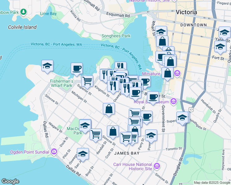 map of restaurants, bars, coffee shops, grocery stores, and more near 254 Belleville Street in Victoria