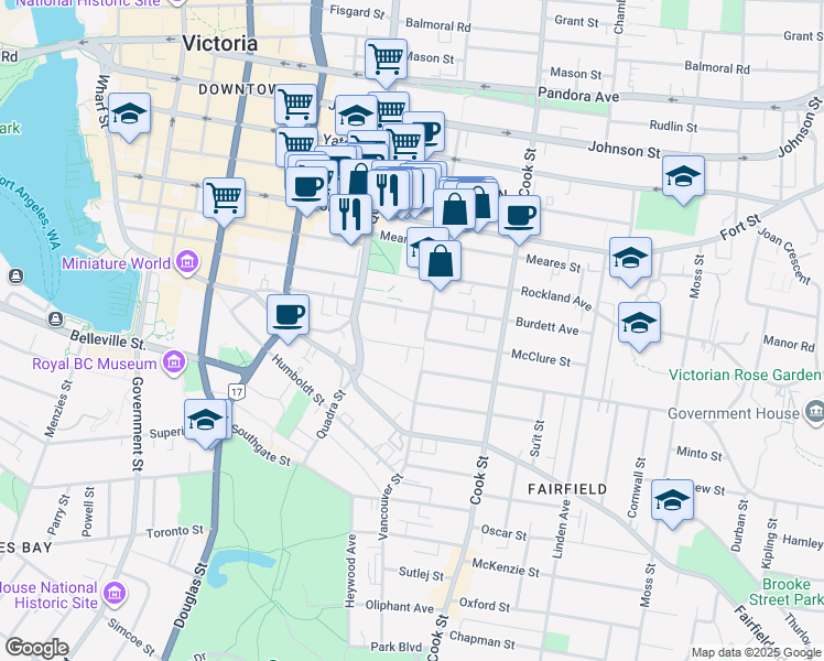 map of restaurants, bars, coffee shops, grocery stores, and more near 999 Burdett Avenue in Victoria