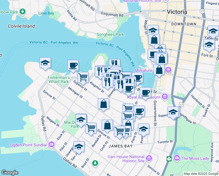 map of restaurants, bars, coffee shops, grocery stores, and more near 254 Belleville Street in Victoria