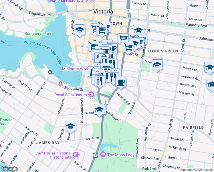 map of restaurants, bars, coffee shops, grocery stores, and more near 737 Humboldt Street in Victoria